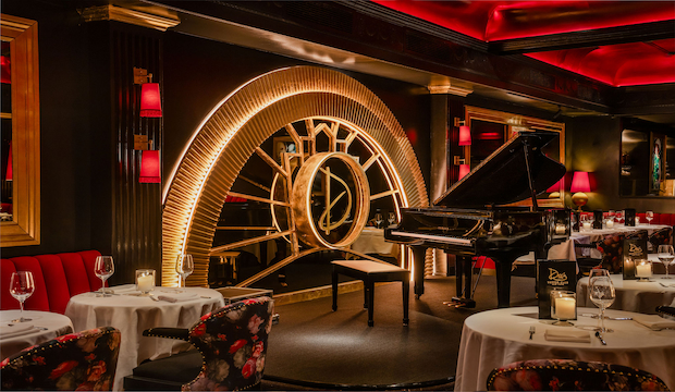 dining setup under lighting at Drai’s Drai’s NYC interior with high-end decor and seating