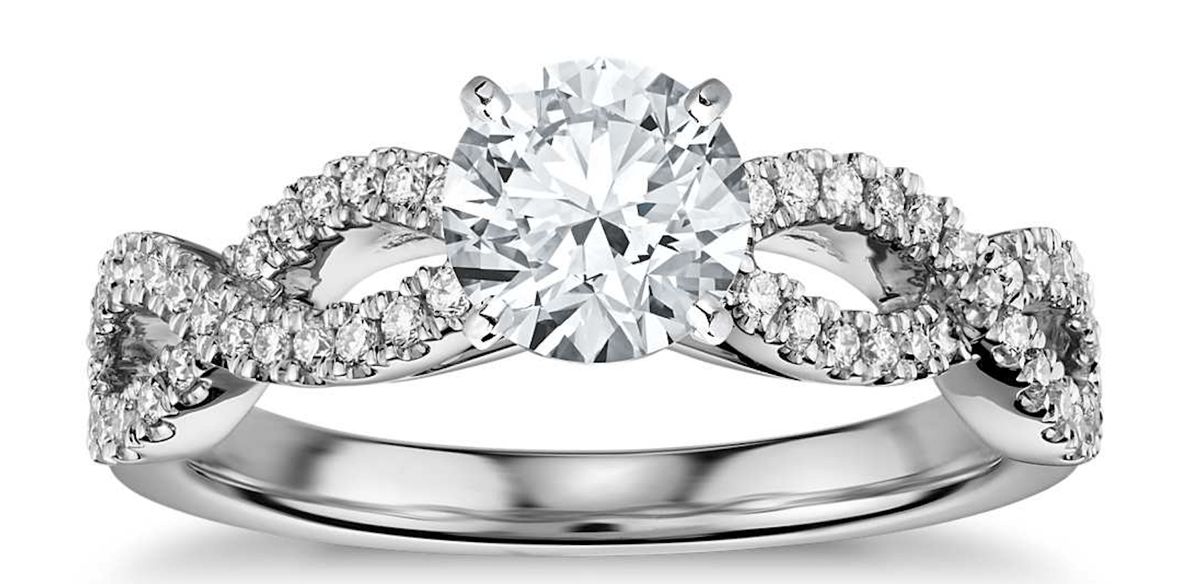 Intertwined wedding band and wedding ring, all diamond